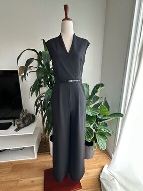 Calvin Klein Black Sleeveless Jumpsuit Belted Wide Leg Sz 2